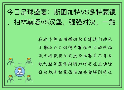 今日足球盛宴：斯图加特VS多特蒙德，柏林赫塔VS汉堡，强强对决，一触即发！