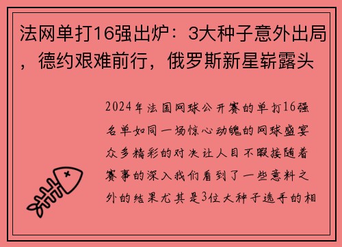 法网单打16强出炉：3大种子意外出局，德约艰难前行，俄罗斯新星崭露头角